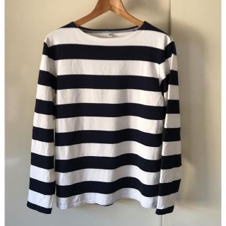 ジーユー(GU)の 美品 UNIQLO ボーダーボートネックカットソー 白×紺 メンズS(Tシャツ/カットソー(七分/長袖))