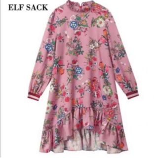 エイソス(asos)のELF SACK エルフサック★リブ フリル 花柄ワンピース ピンク M(ひざ丈ワンピース)