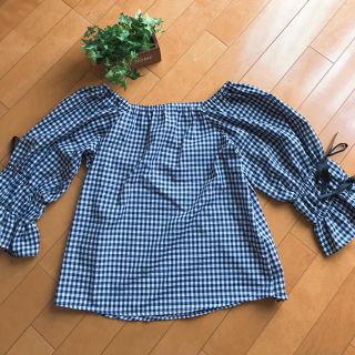 シマムラ(しまむら)の♪美品♪紺x白 チェックトップス　7分袖(シャツ/ブラウス(長袖/七分))