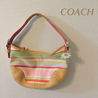 【超美品】COACH本革ショルダーバッグ珍しいボーダー柄