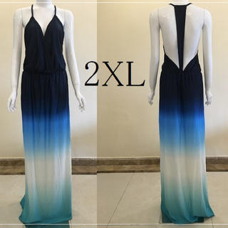 2XL ストレッチ ロングドレス グラデーションブルー 黒×白×青×緑 夏ワンピ(ロングワンピース/マキシワンピース)