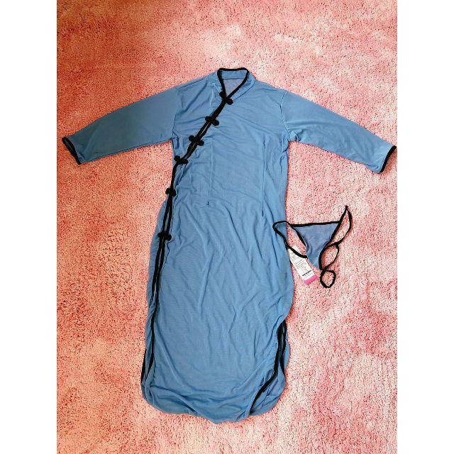 チャイナドレス 中国風 シースルー コスプレ 可愛い Tバック付き ブルー レディースの下着/アンダーウェア(ブラ&ショーツセット)の商品写真