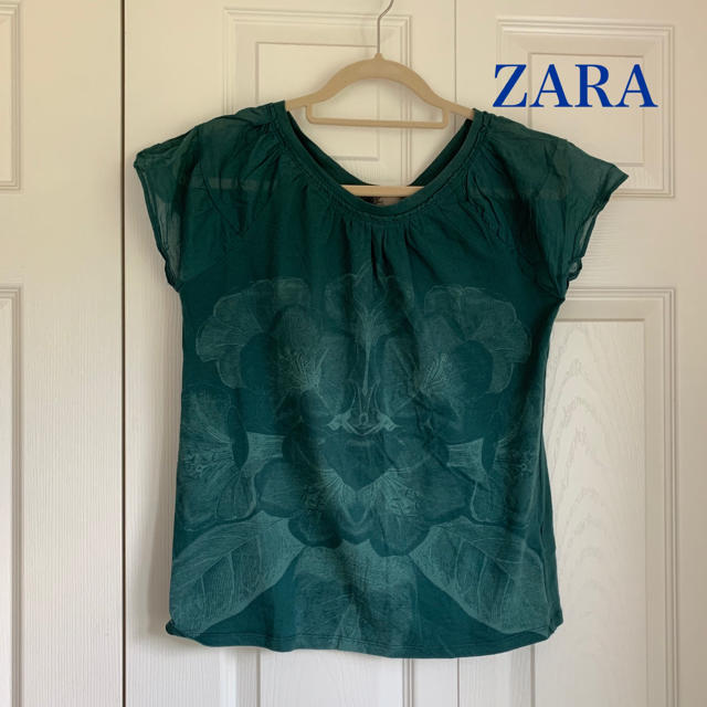 ZARA(ザラ)のZARA オーガニックコットン Tシャツ カットソー トップス L グリーン レディースのトップス(Tシャツ(半袖/袖なし))の商品写真