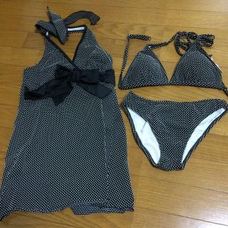 ワンピ型水着3点セット 黒ドット(水着)