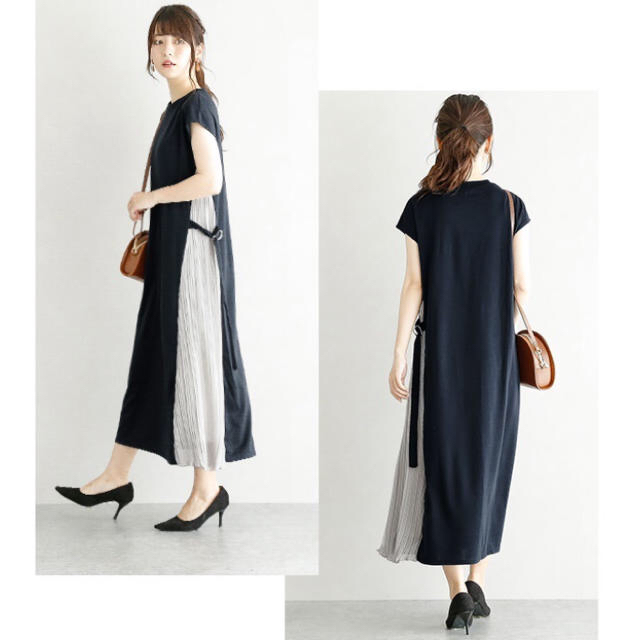 ZARA(ザラ)の新品 サイドプリーツ マキシワンピース ネイビー 大人可愛い レディースのワンピース(ロングワンピース/マキシワンピース)の商品写真