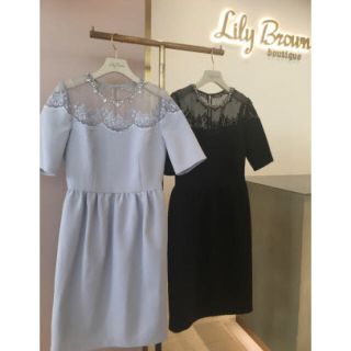 リリーブラウン(Lily Brown)のリリーブラウン×バービー オーガンジー刺繍ビジュードレス サックスブルー(その他ドレス)