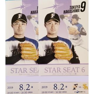 ホッカイドウニホンハムファイターズ(北海道日本ハムファイターズ)の8/2 北海道日本ハムファイターズ B席バックネット裏ペアチケット(野球)