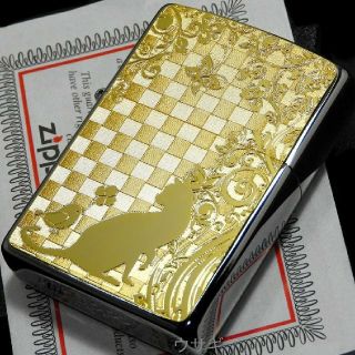 ジッポー(ZIPPO)の送料無料☆zippo☆チェック☆フラワーアラベスク②☆キャットシルエット☆GD(タバコグッズ)