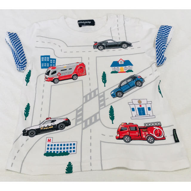 kladskap(クレードスコープ)のクレードスコープ　トミカパトカー消防車Tシャツ袖折り返し90　ナルミヤ働く車 キッズ/ベビー/マタニティのキッズ服男の子用(90cm~)(Tシャツ/カットソー)の商品写真