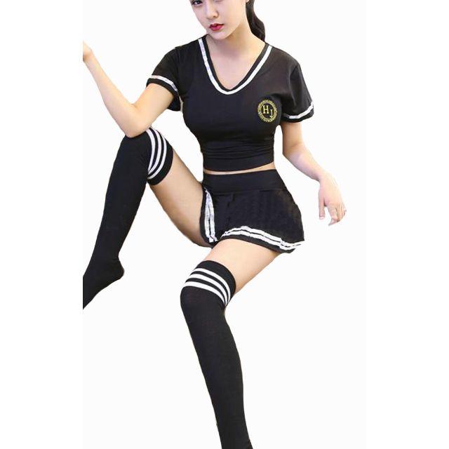 サッカー風 コスチューム 黒 チアリーダー 応援 コスプレ 衣装0616 エンタメ/ホビーのコスプレ(衣装一式)の商品写真