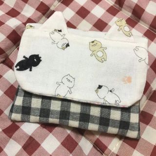 ハンドメイド 移動ポケット 猫×黒チェック(外出用品)