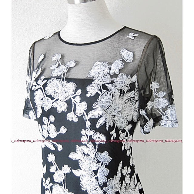 TADASHI SHOJI花刺繍ジャージーフレアワンピース黒白メタリック6P