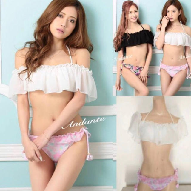 新品水着☆シフォンオフショル花柄ビキニ白