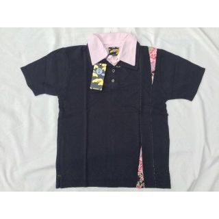 桜【M】ピンク重ね着風ダブル襟半袖ポロシャツ (ブラック) 和柄