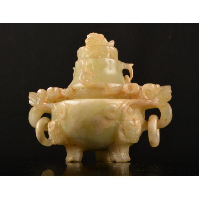 中国　玉石岫玉彫刻　雙耳活環　龍鈕蓋爐　香炉　C　R1167