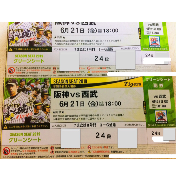 阪神タイガース(ハンシンタイガース)の6/21 阪神タイガース 西部 グリーンシート チケット ペア チケットのスポーツ(野球)の商品写真