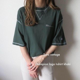 チャンピオン(Champion)のchampion 刺繍 tシャツ カーキ グリーン 古着 レディース (Tシャツ(半袖/袖なし))