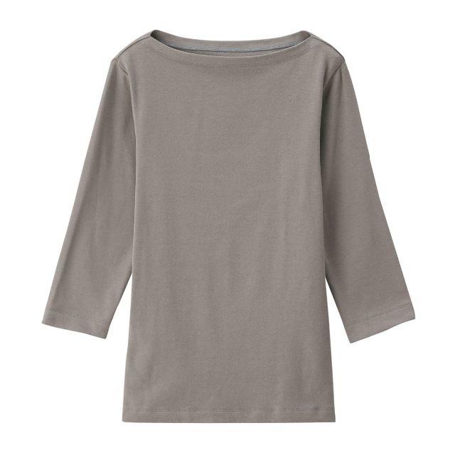 MUJI (無印良品)(ムジルシリョウヒン)のストレッチフライス編みボートネック七分袖Ｔシャツ　婦人Ｍ・グレー レディースのトップス(Tシャツ(長袖/七分))の商品写真