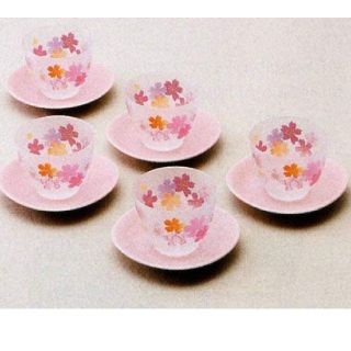 タチキチ(たち吉)のたち吉 冷茶 グラス セット 5客 花いかだ 茶托 ピンク 桜 冷茶碗(グラス/カップ)