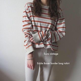 エディーバウアー(Eddie Bauer)のEddie Bauer ボーダー Tシャツ ロンT ベージュ ブラウン 古着(Tシャツ/カットソー(七分/長袖))