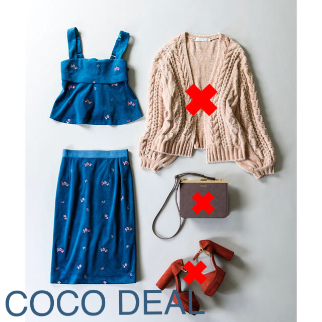 COCO DEAL(ココディール)のココディール  ビスチェ スカート グリーン 小花 刺繍 ベロア セットアップ レディースのスカート(ひざ丈スカート)の商品写真