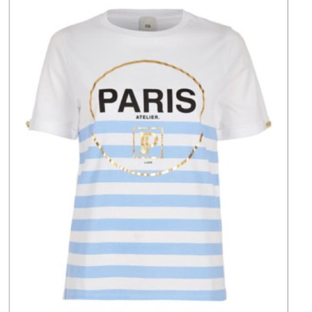  ブルー プリント ストライプ Paris ターンバック Tシャツ レディースのトップス(Tシャツ(半袖/袖なし))の商品写真