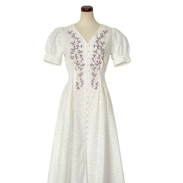 【送料込】Tie Front Embroidery Dress White-S