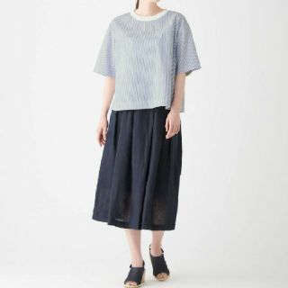 ムジルシリョウヒン(MUJI (無印良品))の新品）新疆綿洗いざらしブロードストライプリブ付き五分袖ブラウス／ネイビーXS～Ｓ(シャツ/ブラウス(半袖/袖なし))