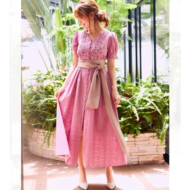 【Her lip to】Tie Front Embroidery Dress