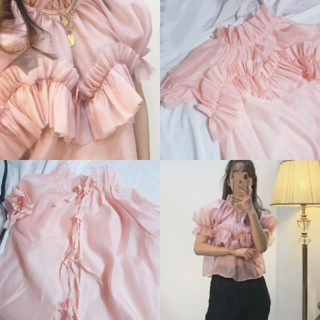 RIBBON FRILLED BLOUSE  . レディースのトップス(シャツ/ブラウス(半袖/袖なし))の商品写真