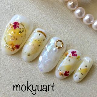 mokyuart12＊押し花 ワイヤー シェル ネイルチップ イエローブライダル