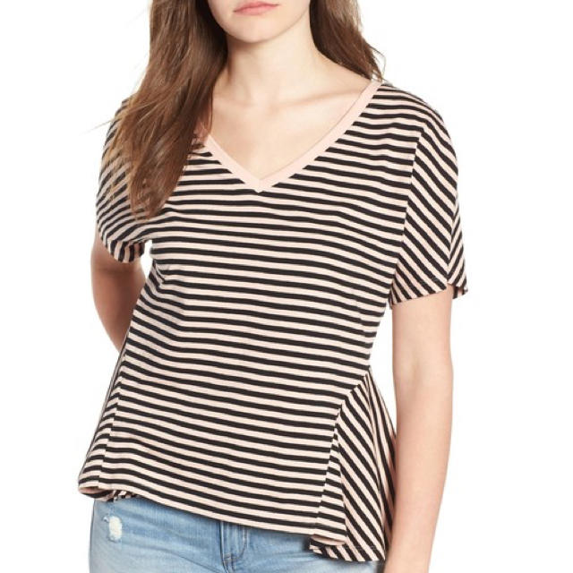 新品 レディース  ボーダー TシャツVネックペプラムTee激安セール送料無料 レディースのトップス(Tシャツ(半袖/袖なし))の商品写真