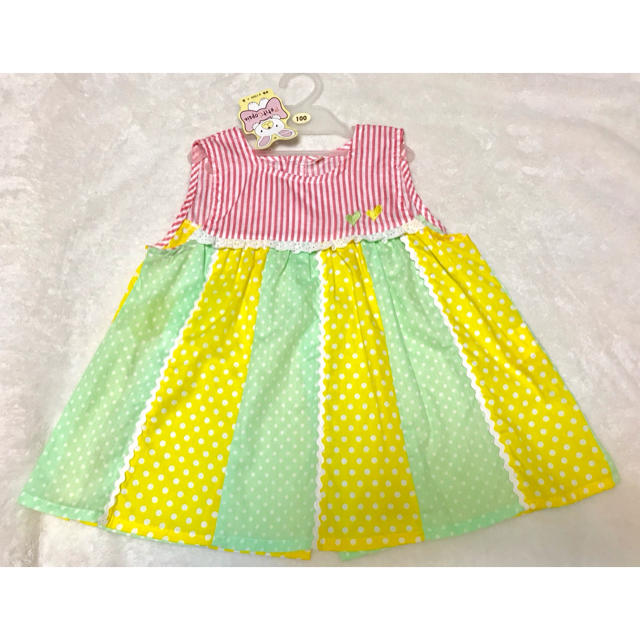 送料込み！新品 PetitCopain ストライプ×ドットワンピース 100 キッズ/ベビー/マタニティのキッズ服女の子用(90cm~)(ワンピース)の商品写真