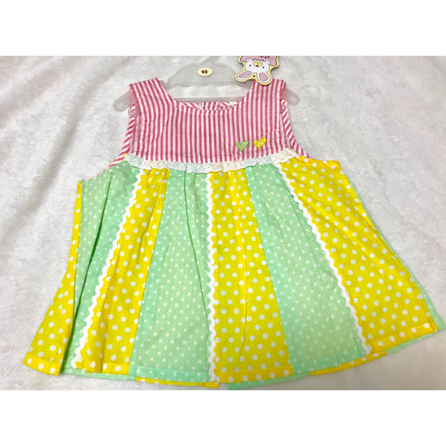 送料込み！新品 PetitCopain ストライプ×ドットワンピース 90 キッズ/ベビー/マタニティのキッズ服女の子用(90cm~)(ワンピース)の商品写真