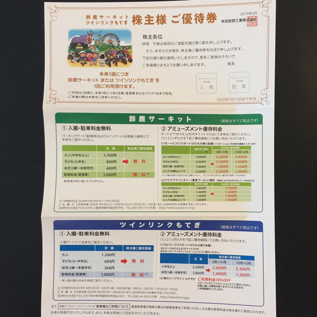 ホンダ(ホンダ)の鈴鹿サーキット ツインリンクもてぎ 株主優待券 チケットの施設利用券(遊園地/テーマパーク)の商品写真