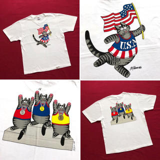 アートヴィンテージ(ART VINTAGE)のUSA製 クリバンキャット 星条旗 フラッグ アメリカ tシャツ 海外古着 ネコ(Tシャツ/カットソー(半袖/袖なし))