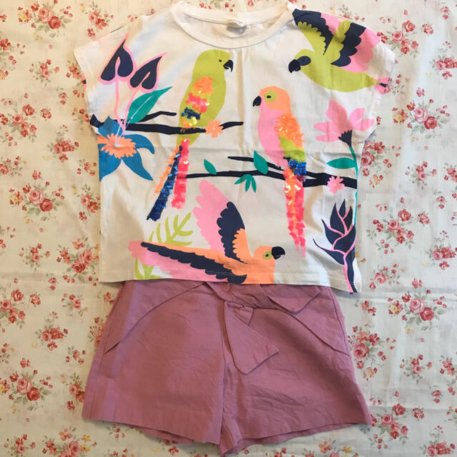 ZARA KIDS(ザラキッズ)のZARA スパンコール 鳥 tシャツ 128 ショートパンツ 麻 140 ピンク キッズ/ベビー/マタニティのキッズ服女の子用(90cm~)(パンツ/スパッツ)の商品写真