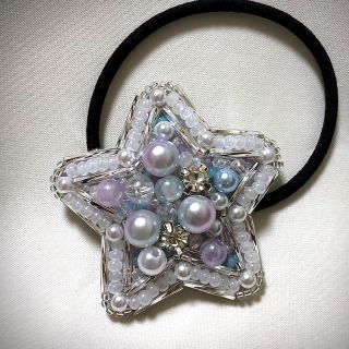 《No.258》ビーズ刺繍 星のヘアゴム【シルバー・パープル・ブルー】(ヘアアクセサリー)