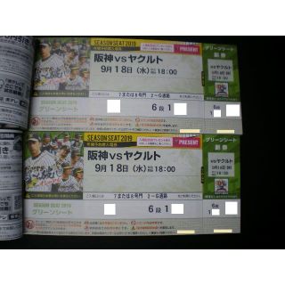 ハンシンタイガース(阪神タイガース)の【通路側・定価以下】9/18(水)阪神vsヤクルト グリーンシート1桁段ペア(野球)