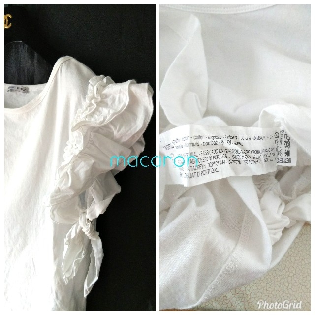 ZARA(ザラ)のRe♡様ご専用 ほぼ未使用 ザラZARA異素材 袖口フリル リボンTシャツ 白  レディースのトップス(カットソー(半袖/袖なし))の商品写真