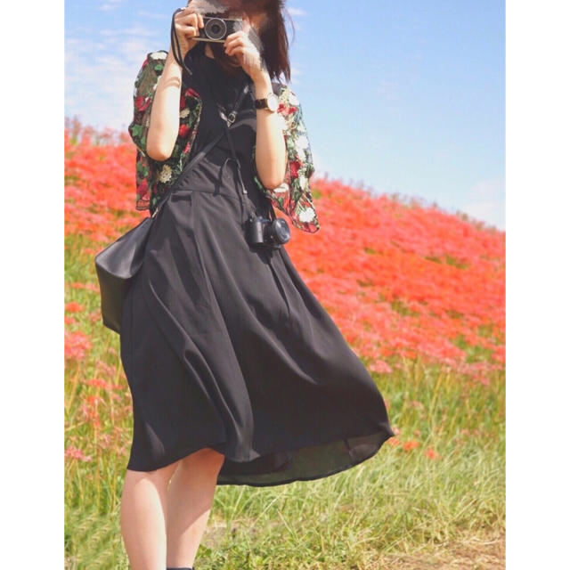 merlot(メルロー)のmerlot plus 花刺繍レースシアースリーブワンピース 黒色です。 レディースのフォーマル/ドレス(ミディアムドレス)の商品写真