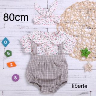 Summer Sale ヘアバンド付き 花柄チェック ロンパース 80cm(ロンパース)