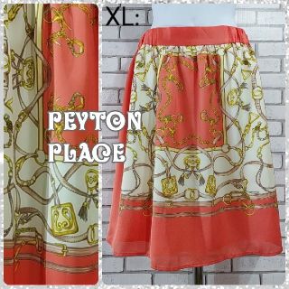 ペイトンプレイス(Peyton Place)のXL: パネルスカート／ペイトンプレイス★美品★スカーフ柄・コーラルオレンジ(ひざ丈スカート)