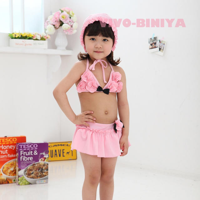 キッズ ビキニ スイムキャップ付 水着 キッズ/ベビー/マタニティのキッズ服女の子用(90cm~)(水着)の商品写真