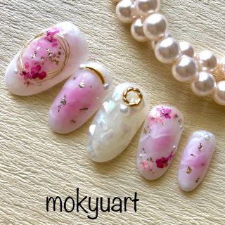 mokyuart13＊押し花 ワイヤー  シェル ネイルチップ ピンクブライダル ハンドメイドのアクセサリー(ネイルチップ)の商品写真