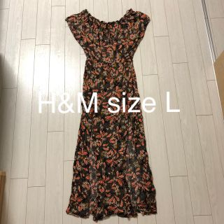 エイチアンドエム(H&M)のH&M ワンピース マキシ丈 ロング リゾート ボタニカル オフショルダー 黒(ロングワンピース/マキシワンピース)