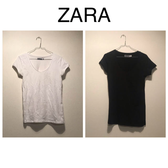 ZARA(ザラ)のZARA／シンプルVネックTシャツ／白黒2枚セット レディースのトップス(Tシャツ(半袖/袖なし))の商品写真