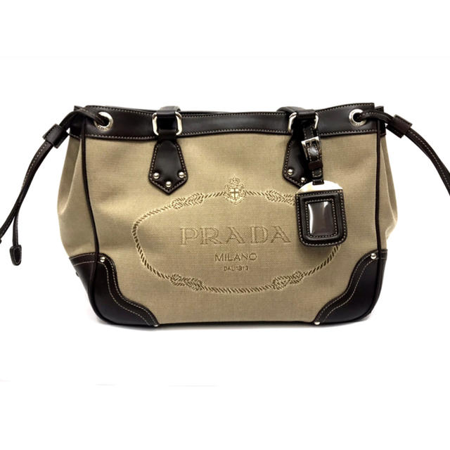 良い製品】 PRADA プラダ ジャガードキャンバス×レザー ショルダー