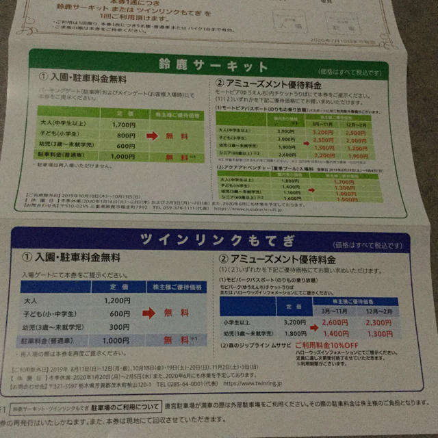 ホンダ(ホンダ)の鈴鹿サーキット ツインリンクもてぎ 株主優待券  ゆなぱぱ様専用 チケットの施設利用券(遊園地/テーマパーク)の商品写真