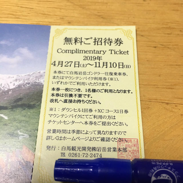 白馬岩岳ゴンドラ 無料ご招待券 チケットの施設利用券(遊園地/テーマパーク)の商品写真